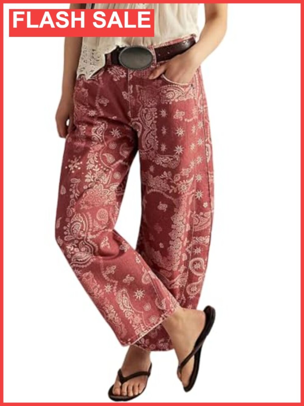 Women's Baggy Barrel Jeans Floral Print Denim Ankle Pants Wide Leg Mid Rise